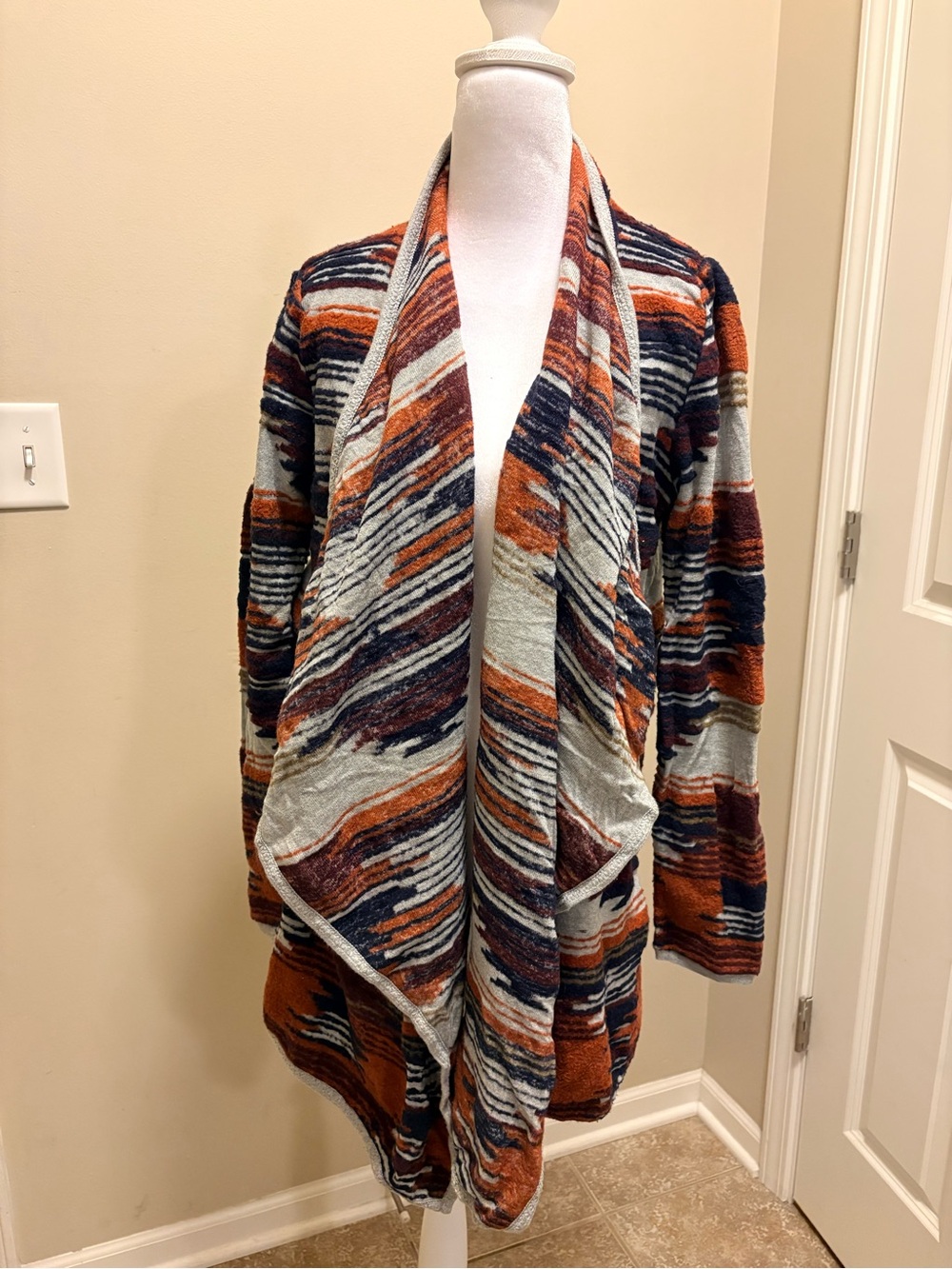 Lucky Brand Open-Front Striped Cardigan in Rust, Navy & Cream